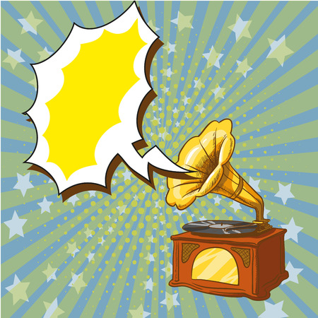 Vector illustration of old playing gramophone in retro pop art comic style. Speech bubble.のイラスト素材