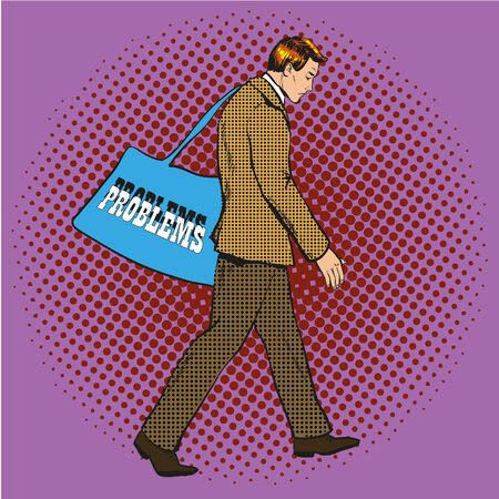 Vector illustration of man, businessman carrying bag with Problems lettering in retro pop art comic style.のイラスト素材