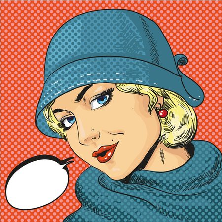 Vector illustration of elegant woman in hat in retro pop art comic style. Speech bubble.のイラスト素材