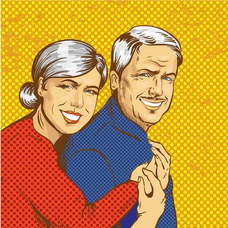 Vector illustration of smiling mature couple in retro pop art comic style. Happy family concept.のイラスト素材