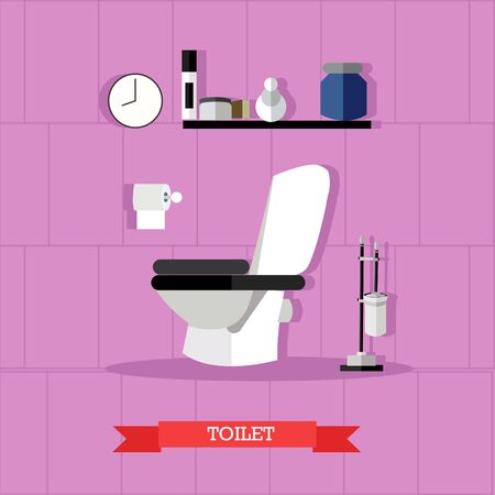 Vector poster with bathroom furniture, toilet and accessories in flat style.の写真素材