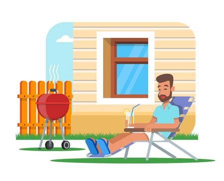 Vector illustration of man cooking barbecue and having rest.のイラスト素材