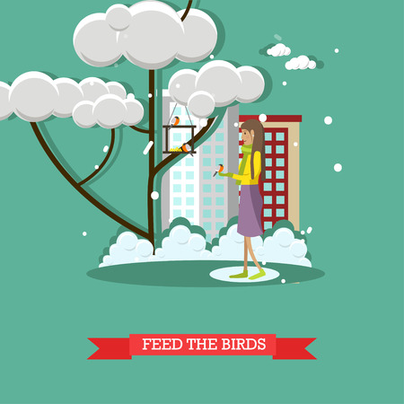 Vector illustration of girl feeding birds. Winter people activities concept design element in flat style.のイラスト素材