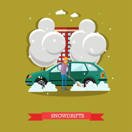 Vector illustration of boy clearing car from snow, shoveling snowdrifts. Winter people activities concept design element in flat style.のイラスト素材