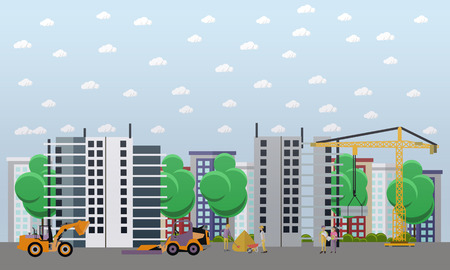 Residential construction concept vector illustration. Construction workers and machines. Building site. Flat style design.のイラスト素材