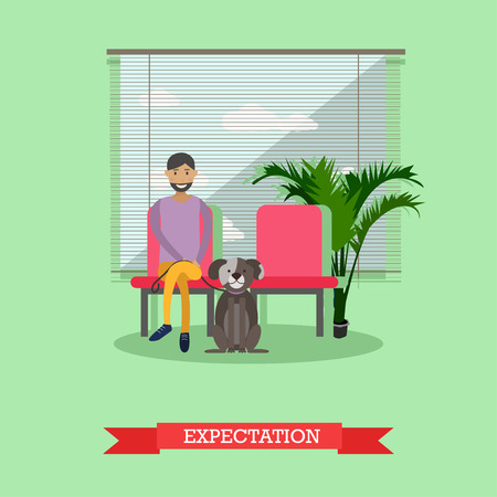 Vector illustration of man sitting in waiting hall with his pet dog. He is expecting for visiting doctor. Vet clinic services concept design element in flat style.のイラスト素材