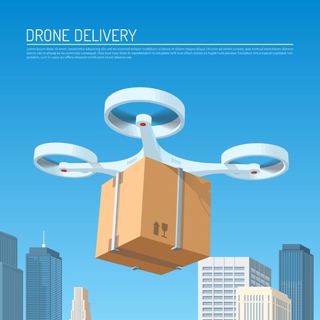 Drone delivery concept vector illustration. Quadcopter carrying a package to customerのイラスト素材