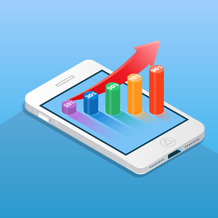 Smartphone with financial bar chart. Business and finance concept vector illustration in isometric styleのイラスト素材