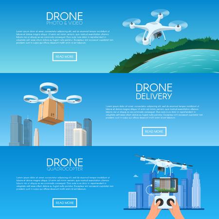 Drone with remote control flying over city. Pizza delivery by quadcopter. Aerial drone with camera taking photography and video concept vector illustrationのイラスト素材