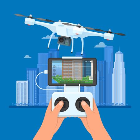 Drone with remote control flying over city. Aerial drone with camera taking photography and video concept vector illustrationのイラスト素材