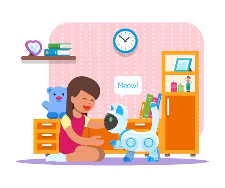 Girl playing with home cat robot. Robotics technology concept vector illustrationのイラスト素材