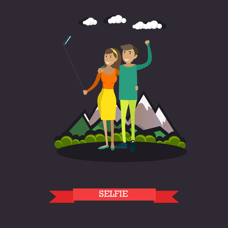 Vector illustration of young couple taking selfie with mobile and selfie stick monopod. Photo equipment design element in flat style.のイラスト素材