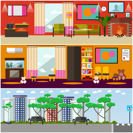 Vector set of volunteers organization interior concept posters, banners, backgrounds in flat style.のイラスト素材