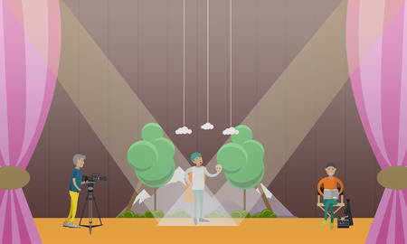 Vector illustration of actor playing a part of Hamlet in Shakespeares tragedy, videographer with video camera on tripod and producer reading screenplay. Theater concept design element in flat style.のイラスト素材