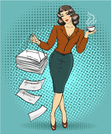 Vector illustration of business woman in retro pop art style.のイラスト素材
