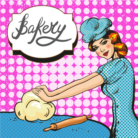 Vector illustration of woman kneading pastry, pop art styleのイラスト素材