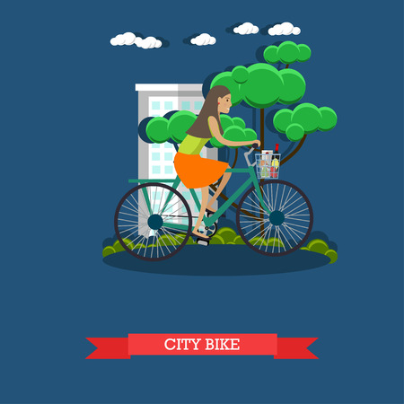 Vector illustration of a girl riding city bike, flat styleのイラスト素材