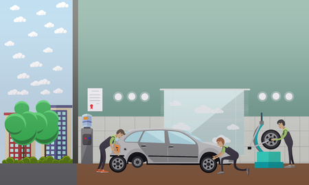 Tire change, auto service concept vector illustration in flat styleのイラスト素材