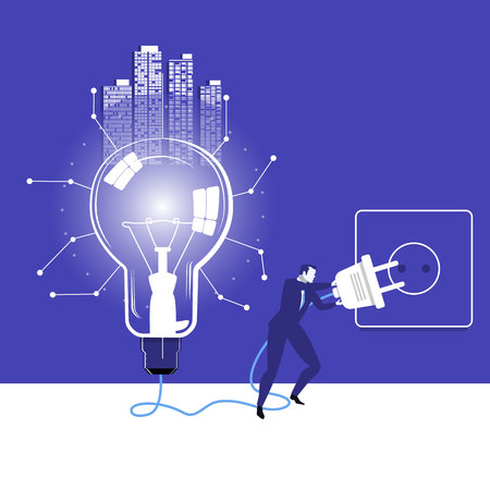Vector illustration of businessman trying to switch on idea bulbのイラスト素材