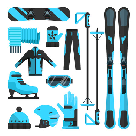 Vector set of winter sports flat icons. Skiing, skating and snowboarding outfit and ski resort equipment design elements isolated on white background.のイラスト素材