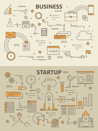 Vector set of modern thin line Business startup concept bannersのイラスト素材