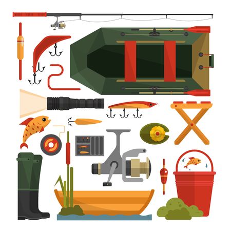 Vector set of fishing equipment icons in flat styleの写真素材