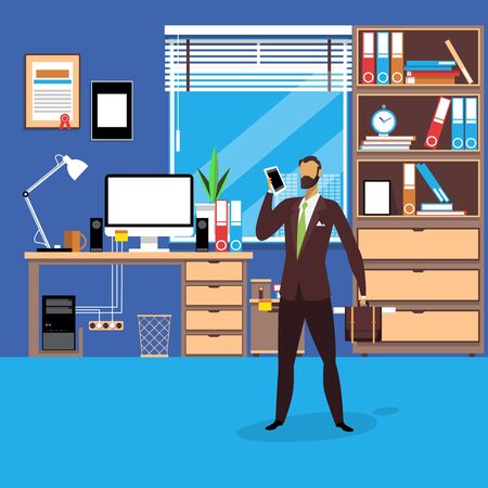 Vector illustration of businessman with smartphone in flat styleの写真素材