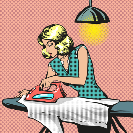 Vector pop art illustration of woman ironing clothesのイラスト素材