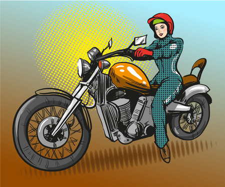Vector illustration of young woman sitting on motorcycle. Motorcyclist or model girl in retro pop art comic style.のイラスト素材