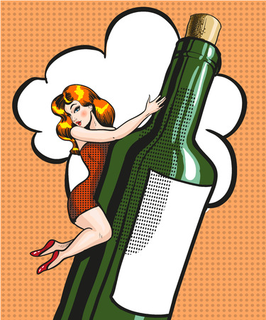 Vector illustration of young woman lying on bottle of wine in retro pop art comic style.のイラスト素材