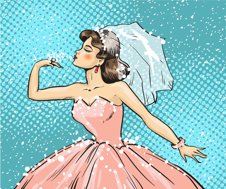 Vector illustration of bride looking at wedding ring on her finger. Beautiful lady wearing wedding dress and bridal veil in retro pop art comic style.のイラスト素材