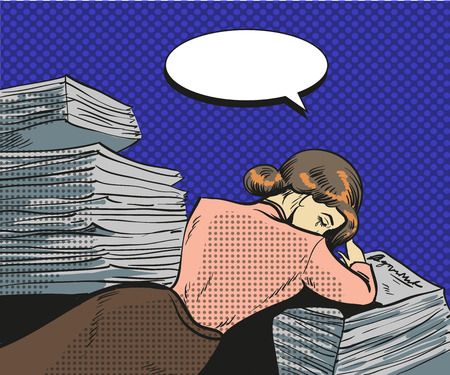 Vector vintage pop art illustration of tired businesswoman. Young woman falling asleep on the heap of papers in retro pop art comic style.のイラスト素材