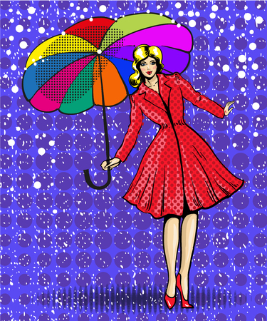 Vector illustration of pretty young woman with umbrella. Elegant girl wearing red coat and red shoes in retro pop art comic style.のイラスト素材