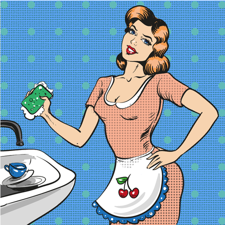 Vector illustration of young smiling woman in apron with scouring pad washing the dishes. Housewife in retro pop art comic style.のイラスト素材
