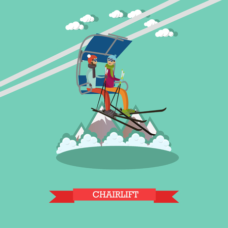 Vector illustration of young couple going up on ski lift. Downhill skiing, ski resort. Chairlift concept design element in flat style.のイラスト素材