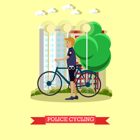 Vector illustration of policeman with city bicycle. Police inspector patrolling street design element in flat style.のイラスト素材