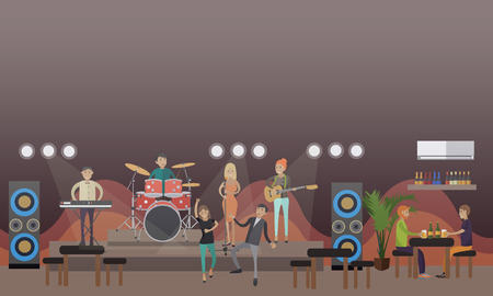 Rock band live music concert vector illustration. People dancing to music and drinking beer. Club party design element in flat style.のイラスト素材