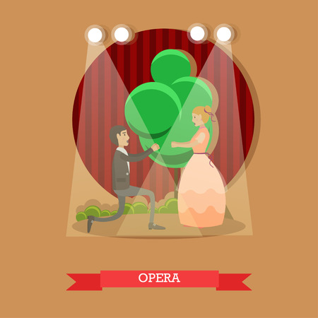 Vector illustration of young opera singers male and female acting on stage. Flat style design.のイラスト素材