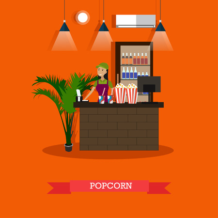 Vector illustration of cinema waiting hall and cafe with salesgirl. Popcorn concept design element in flat style.のイラスト素材