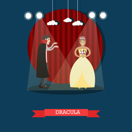 Vector illustration of episode from Dracula horror movie or theatrical performance based on novel by Bram Stoker. Flat style design element.のイラスト素材