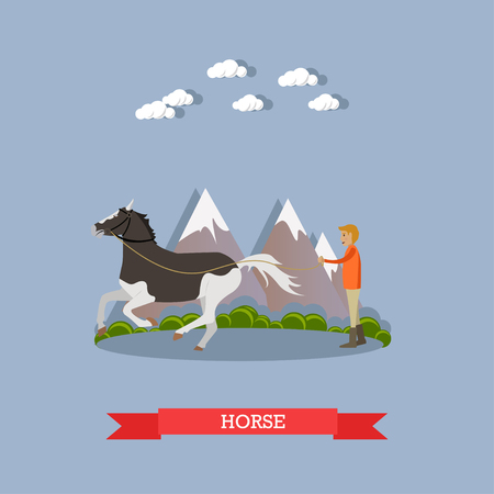 Vector illustration of man training beautiful piebald horse. Flat style design element.のイラスト素材
