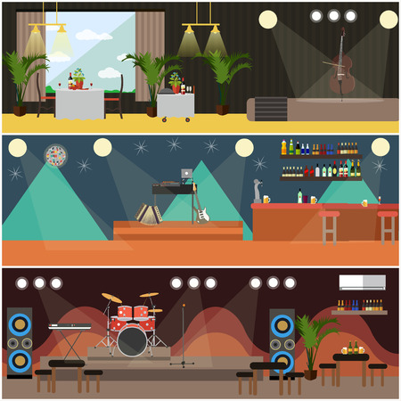 Vector set of posters with musicians performing on stage of night club, disco club, in restaurant. People dancing to music flat style design elements.のイラスト素材
