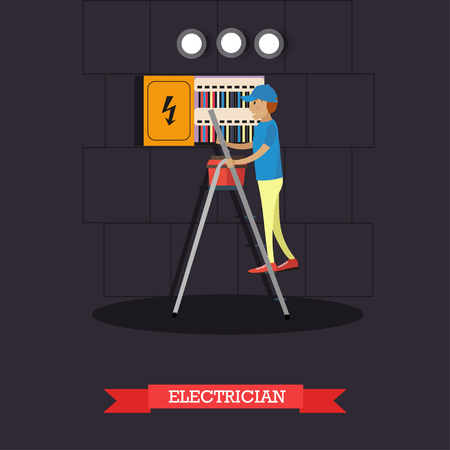 Vector illustration of electrician installing, maintaining or repairing electrical power, lighting system. Flat style design element.のイラスト素材