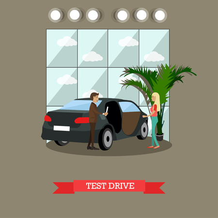 Test drive concept vector illustration. Young lady passing her test drive with instructor. Driving school flat style design element.のイラスト素材