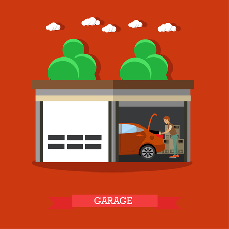 Vector illustration of man repairing car or carrying out car check in garage. Home garage flat style design element.のイラスト素材