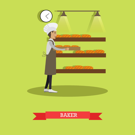 Vector illustration of baker male holding tray with bread. Bakery or bakehouse and baked goods flat design element.のイラスト素材