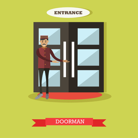 Vector illustration of porter standing next to entrance hotel door and inviting someone to come in. Hotel doormen flat style design element.のイラスト素材