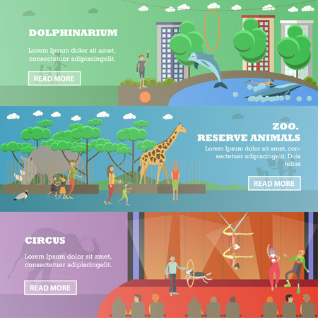 Vector set of dolphinarium, circus and zoo horizontal banners. Dolphinarium, Zoo reserve animals and Circus flat style design elements.のイラスト素材