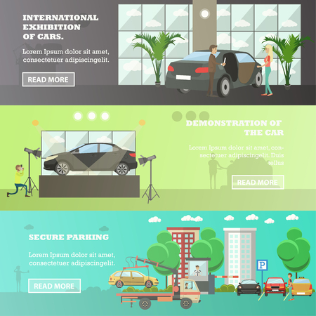 Vector set of cars horizontal banners. International exhibition of cars, Demonstration of the car, Secure parking flat style design elements.のイラスト素材