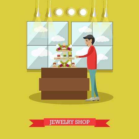 Vector illustration of young man looking at jewelry shop display case. Jewelry store concept flat style design elementのイラスト素材